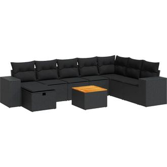 vidaXL Set De Sof&aacute;s De Jard&iacute;n Con Cojines 9 Pzas Rat&aacute;n Sint&eacute;tico Negro