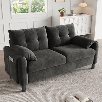 Merax 2-Seater Chenille Sofa with Pillow-Style Armrests & Side Pockets in Grey