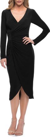 La Femme Long Sleeve Knee Length Dress with Wrap Style Skirt in Black at Nordstrom, Size 12