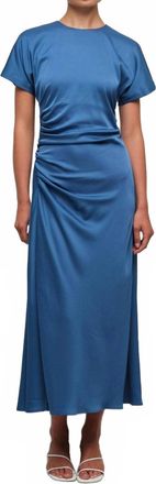 SIMKHAI Marabella Short Sleeve Draped Midi Dress In Washed Indigo Blue