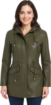 Infinity Leather Womens Green Hooded Parka Jacket-Bucharest Lamb Leather - Size 18 UK