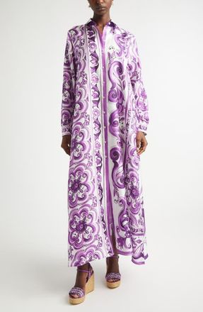 Dolce & Gabbana Majolica Print Long Sleeve Silk Shirtdress in Ip3Tn Mix Maiolica Viola at Nordstrom, Size 40