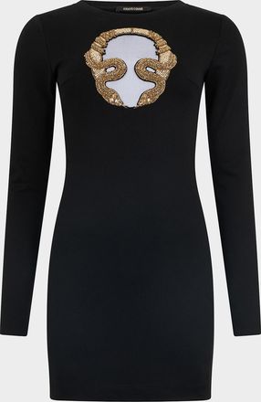 Roberto Cavalli Beaded Cutout Matte Jersey Long-Sleeve Mini Dress