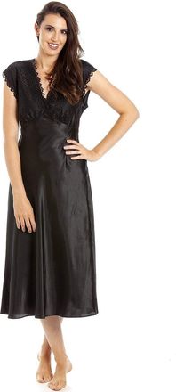 Camille Womens Luxury Satin Long Chemise - Ladies Sleeveless Lightweight Lace Nightdress - Comfotable & Breathable Summer Nightwear Black 14-16