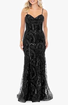 Blondie Nites Glitter Mesh Trumpet Gown in Black at Nordstrom, Size 1