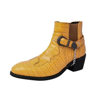 Generic Mens Crocodile Prints Western Cowboy Boots with Side Zipper, Belt Buckle and Metal Chain (Yellow,5.5)