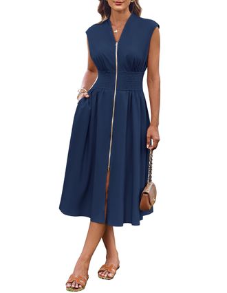 Grace Karin Womens Spring/Summer Dress Short Cap Sleeve V Neck Wrap Midi Dress Smocked Waist Navy Blue 2XL