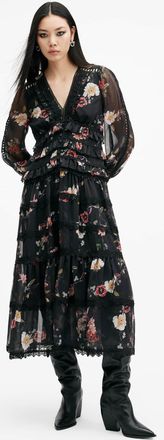 AllSaints Polyester Zora Floral Ruffle Midi Dress, Size: UK 16/US 12
