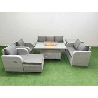 Fimous Pe Rattan Garden Furniture Set Reclining Chair Sofa Double Love Seat 2 Seater Sofa Lounge Set Firepit Dining Table Big Footstool Light Grey - Fimous