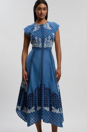 Karen Millen Womens Petite Voile Embroidered Cutwork Sleeveless Woven Maxi Dress - Blue - Size 12 UK