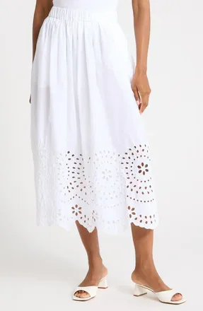 Ellen Tracy Embroidered Eyelet Cotton Poplin Pull-On Skirt in White at Nordstrom Rack, Size X-Large