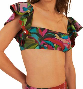 Farm Rio Jardin De Reve Ruffle Bikini Top In Pink/green