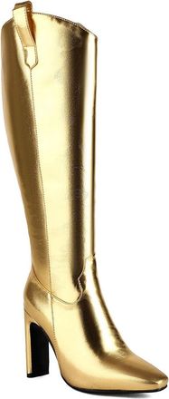 Generic Womens Square Pointy Toe Knee High Boots PU Leather Long Boot with Side Zipper Block High Heel Party Prom Shoes,Gold,4.5 UK
