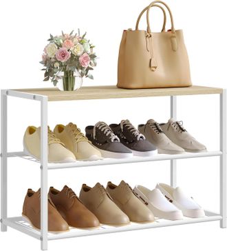 Woltu Woltu Zapatero Con Estructura De Metal Y 2 Estantes, Dise&ntilde;o Minimalista, Roble Claro Y Blanco