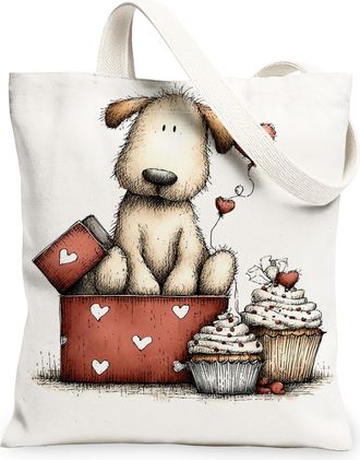 Generic Cute Dog Canvas Tote Bag, Adorable Animal Design Reusable Grocery Bags, Vintage Style Lightweight Washable Shoulder Strap C, White, 13x15 Inch