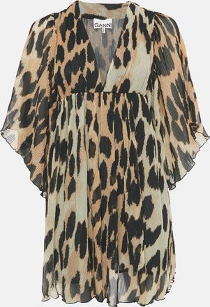 Ganni Ganni Brown Leopard Print Pliss&eacute; Crepe De Chine Mini Dress