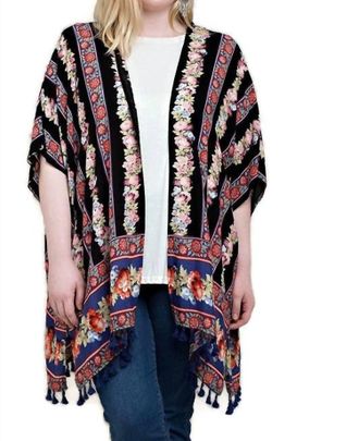 Greek Archaic Kori Back Crochet Patch Kimono Jacket In Multi Color