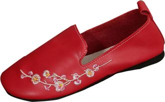 Generic Red Women S Casual Flat Moccasins Featuring Round Toe Flower Patterns for Leisure Activities