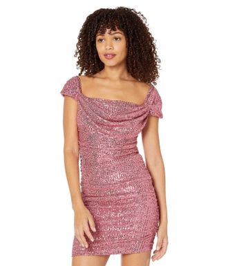Bebe Mini Dress Womens Mauvewood Sequin Drapery Ruched Stretch GBO3034