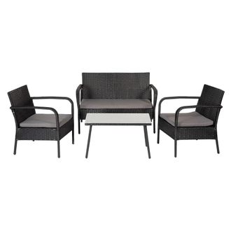 Happy Garden Conjunto de jard&iacute;n 4 plazas resina trenzada negra cojines gris