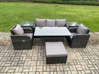 Fimous Wicker PE Rattan Garden Furniture Set Outdoor Rectangular Dining Table & Chair Sofa Set With Side Tables Big Footstool in Dark Grey