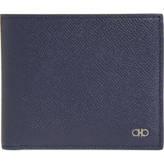 Ferragamo Micro Gancio Hammered Leather Bifold Wallet in New Navy Nero at Nordstrom