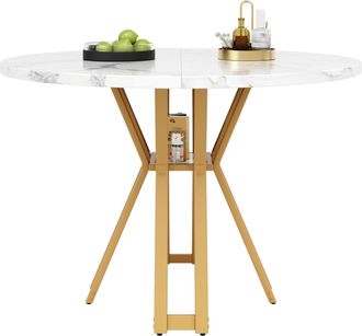 STILVORA Mesa De Comedor Redonda En Mdf Y Metal Con Motivo Marmoleado, Patas Doradas Ajustables - 100&times;100&times;76 Cm, Blanco Y Dorado