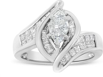 House of Brilliance 14K White Gold 1 1/4 Cttw Pie, Baguette and Princess cut Diamond Marquise Shape Engagement Cocktail Ring