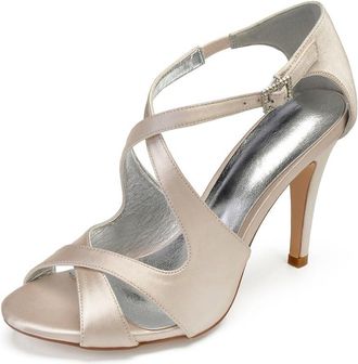Generic High Heel Sandals Women Bridal Peep Toe Ankle Straps Stiletto Satin Evening Party Prom Wedding Bridal Shoes 10.5Cm,Champagne,6 UK