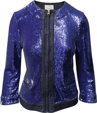 Pinko Pinko Womens Tag Sequin Embellished Jacket in Blue Denim Cotton - Size X-Large