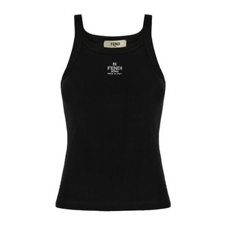 Fendi Sleeveless Tops, female, Black, Size: L Ribbed Cotton Jersey Tank Top
