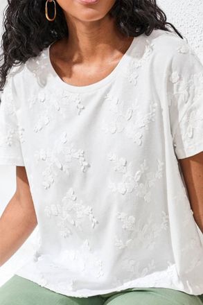 Tribal Short Sleeve Embellished Crewneck Top In White