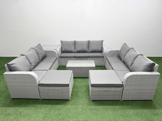Fimous PE Rattan Lounge Sofa Set 11 Seater Outdoor Garden Furniture Set w/ Rectangular Coffee Table 3 Seater Sofa 2 Big Footstools Side Table Light