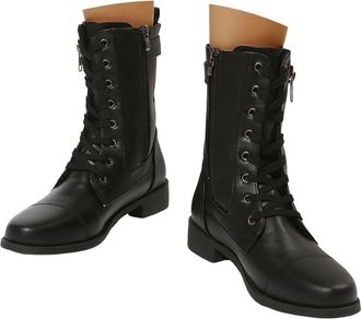 Generic Womens Winter Combat Boots Low Heel Flat Combat Classic Ankle Boots Lace Up Leather Vintage Casual Booties Outdoor Non Slip Solid Color Side Zipper Mi