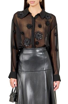 endless rose Floral Detail Sheer Shirt in Black at Nordstrom, Size X-Small