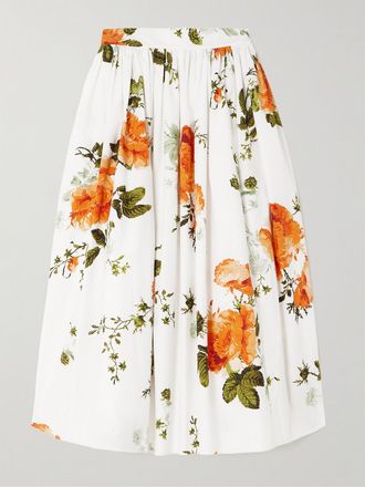 Erdem Gonna Midi In Popeline Di Cotone Floreale Con Arricciature - Bianco