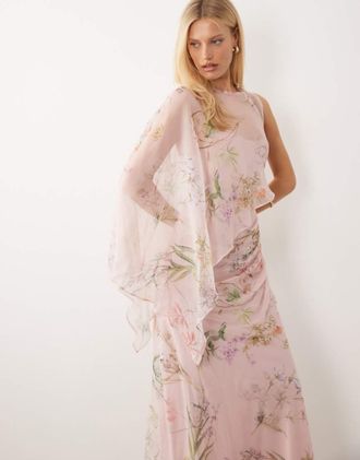 Asos Vestito lungo monospalla asimmetrico con maniche a pipistrello e drappeggio rosa a fiori