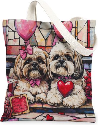 Generic Valentines Day Alaskans Malamute Dog Canvas Tote Bag for Shopping 13x15, Stained Glass Puppy Reusable Grocery Print Bag for Women, Couple Beach Aesthe