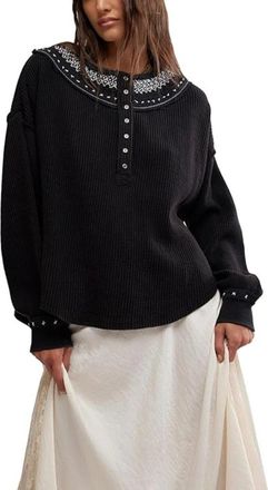 Free People Holly Henley Top Womens Black Embroidered Long Sleeve DDR2729