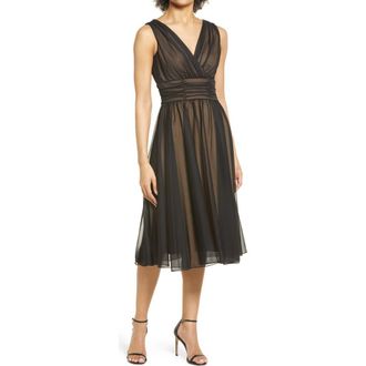 Connected Chiffon Overlay Fit & Flare Dress in Black/gold at Nordstrom, Size 16