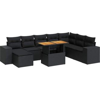 vidaXL Set Sof&aacute;s Jard&iacute;n Y Cojines 9 Pzas Rat&aacute;n Sint&eacute;tico Acacia Negro