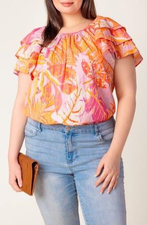 Flying Tomato Tiered Flutter Sleeve Cotton Top in Pink Orange at Nordstrom Rack, Size 1 X