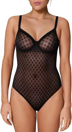 Simone P&eacute;r&egrave;le Plume Embroidered Underwire Shaping Bodysuit in Black at Nordstrom, Size 38