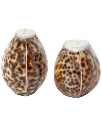 Two's Company Tiger Cowrie Salt & Pepper Shaker Set In Jute Pouch