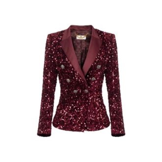 Elisabetta Franchi Bordeaux Sequin Geborduurd Double-Breasted Jas - Dames - Blazers - Rood - S - Satijn - Jassen