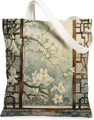 Generic Spring Jasmine Flower Canvas Tote Bag for Shopping 13x15, Farmhouse Country Floral Reusable Grocery Print Pattern Bag for Women, Window Rustic Beach A