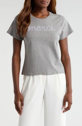 Cinq &agrave; Sept Merci Embellished Cotton Graphic T-Shirt in Heather Grey/White at Nordstrom, Size Xx-Small