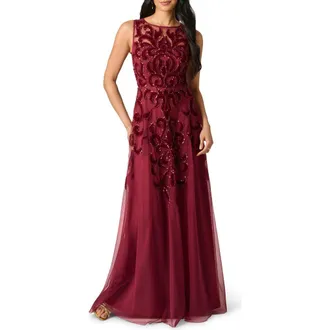 Adrianna Papell Sequin Scrollwork Gown in Mahogany at Nordstrom, Size 14