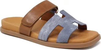 Django & Juliette Womens Nodette Flat Leather Sandal In Washed Denim-Tan Sole