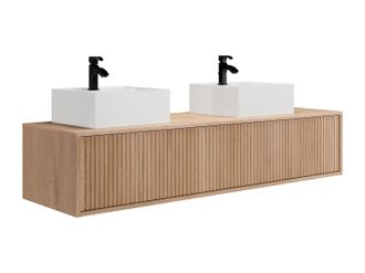 Vente-Unique Mueble de ba&ntilde;o suspendido estriado con doble lavabo - Natural claro - 150 cm - ARNEGA